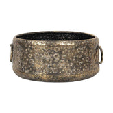 Apró, csillag formájú dombormintákkal díszített, antikolt felületű, óarany színű karácsonyi fém kaspó.